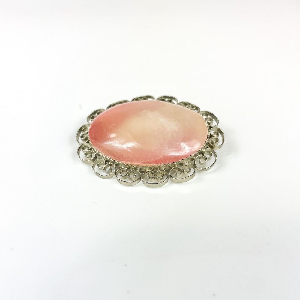 Vintage Rose Quartz & Silver Tone Filigree Oval Brooch